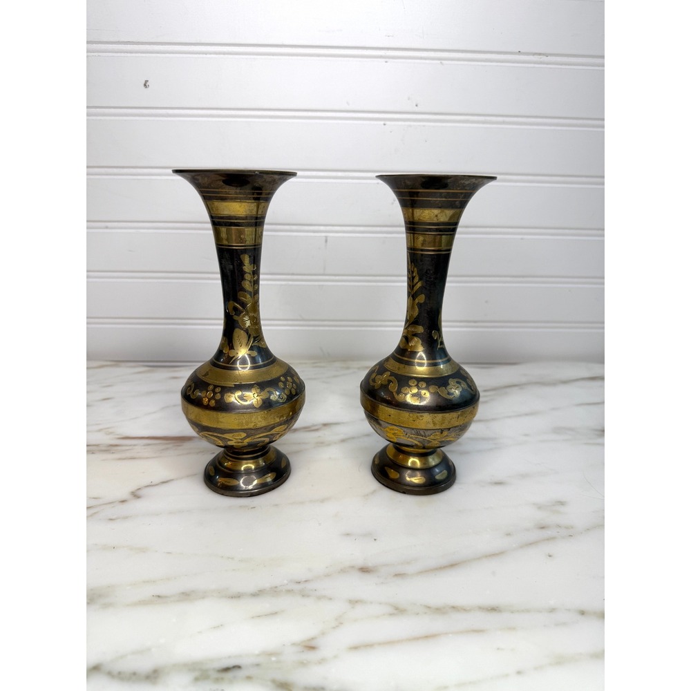 Vintage Solid Brass Bud Vases Set of 2 Floral Etched India